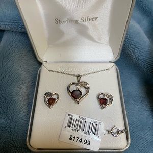 Sterling Silver Garnet Heart Necklace/Earring Set
